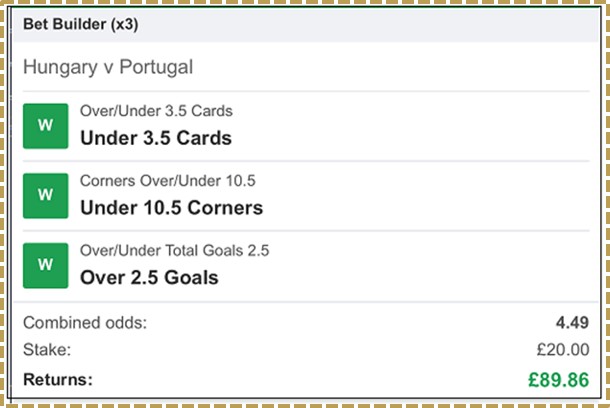 Winning bet builder for Hungary v Portugal at Euro 2024 featuring under 3.5 cards, under 10.5 corners and over 2.5 goals. Combined odds of 4.49 with a £20 stake returning £89.86.
